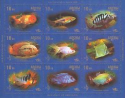 Russian occupation of Georgia ( Abkhasia ) Abhasia 2004 Aquarium Fishes set of 9 stamps in sheetlet MNH