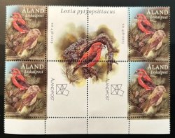 Aland Islands Åland Finland 2023 Parrot Crossbill block of 4 stamps and labels mint