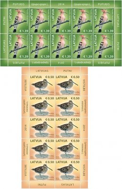 Latvia Lettland Lettonie 2014 Birds Hoopoe (Upupa epops) and Jack snipe (Lymnocryptes minimus) set of 2 sheetlets MNH