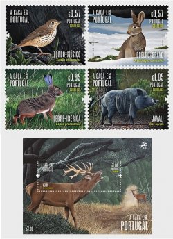 Portugal 2022 Wild fauna Hunting in Portugal Bird Deer Boar Hares set of 4 stamps and block MNH