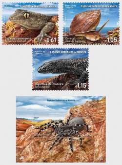 Portugal 2023 Wild fauna Endemic Species of Madeira Spider Reptilies Snail set of 3 stamps and block MNH