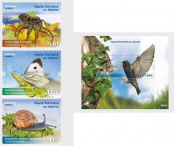 Portugal 2023 Wild fauna Terrestrial Fauna of Azores Spider Butterfly Snail Birds set of 3 stamps and block MNH