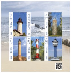 Poland Polen Pologne 2015 Lighthouses set of 5 stamps and label in block MNH