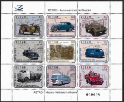 Albania Albanie 2023 Retro cars buses motorcycles trucks firefighter auto transport set of 8 stamps with label in block sheetlet MNH