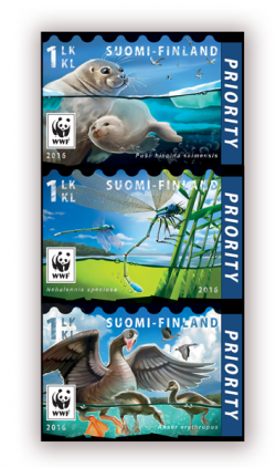 Finland Finnland Finlande 2016 WWF Rarest fauna seals geese dragonflies set of 3 stamps in strip MNH