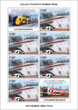 Lithuania Litauen Lituanie 2024 New train Vilnius-Riga BeePost sheetlet with labels MNH