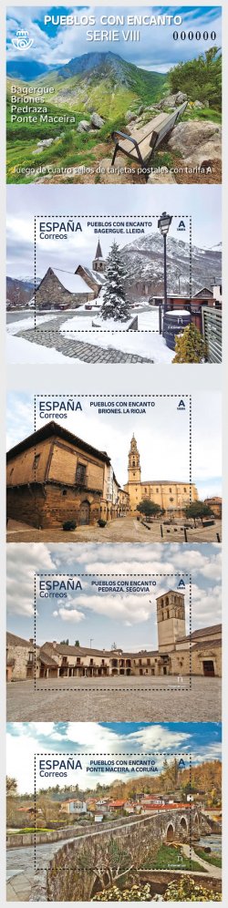 Spain Espagne Spanien 2023 Charming Towns Bagergue Lleida Briones La Rioja Pedraza Segovia Ponte Maceira A Coruña Churches bridge set of 4 block's MNH