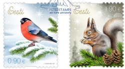 Estonia 2021 Christmas Fauna Bullfinch and squirrel bird set of 2 stamps MNH