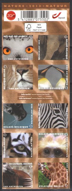 Belgium Belgique Belgien 2013 Antverpen zoo fauna Birds mammals set of 10 stamps in block / booklet MNH