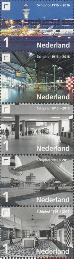 Netherlands Pays-Bas Niederlande 2016 Aviation 100th anniversary of Schiphol Airport in Amsterdam set of 5 stamps in strip MNH