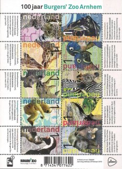 Netherlands Pays-Bas Niederlande 2013 Burgers Zoo Arnhem 100 ann Birds Mammals set of 10 stamps in block / sheetlet MNH