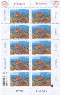 Monaco 2024 Europa CEPT Underwater fauna Octopus sheetlet FIRST PRINT 21.02.24 MNH