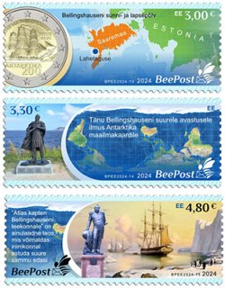 Estonia Estland Estonie 2024 Admiral Bellingshausen Geographical discoveries Antarctica BeePost set of 3 stamps MNH