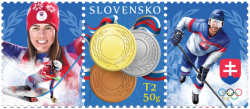 Slovakia 2022 Olympic games Beijing Olympics medals awards strip of stamp with 2 labels MNH