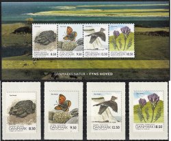 Denmark Danemark Danmark 2010 Fauna and flora Butterfly Frog Bird Flower Full set of 4 self-adv stamps and block MNH
