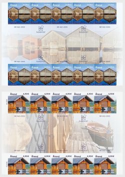Aland Finland 2025 Boathouses Ships Set of 2 blocks of 10 stamps and all labels types each MNH