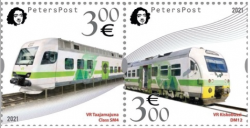 Finland 2021 European Year of Rail Commuter trains Peterspost Strip of 2 stamps from sheetlet MNH