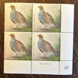 Estonia 2013 Bird of the Year Grey Partridge (Perdix perdix) Corner quarter block 2x2 MNH