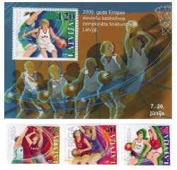 Latvia 2009 Basketball is a national sport Latvian team in the final of the European Championship Set of 3 stamps and block MNH