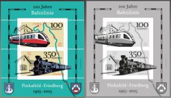 Austria 2025 Pinkafeld–Friedberg railway Trains 100 ann Set of block and limited edition blackprint proof MNH