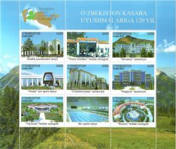 Uzbekistan 2025 Trade Unions 120 ann Sanatoriums and mountain recreation Set of 9 stamps in block MNH