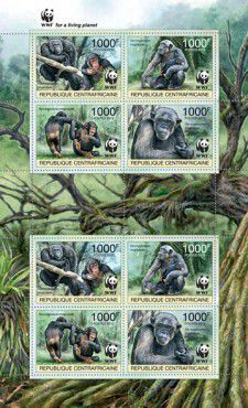 Central African Republic WWF. Chimpanzee (Pan troglodytes). Bl 2strip/4st + 2coup