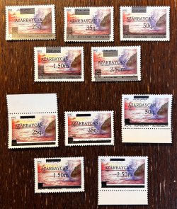 Azerbaijan 1992 Definitives Overprints on stamp # 1 Caspian sea RARE Sets of both types of overprints MNH Michel # 70-74 I - II