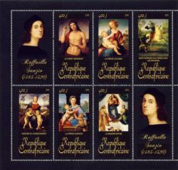Central African Republic 2011 Raphael Sanzio, paintings set of 6 stamps and 2 labels in block