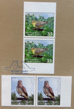 Latvia 2011 Birds Limited set of 2 strips from special exhibition minisheets without side perforations MNH