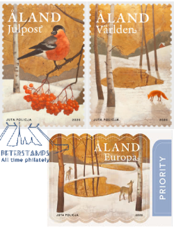 Aland Finland 2026 Christmas Winter dreams Bullfinch Fox Deer Set of 3 stamps MNH