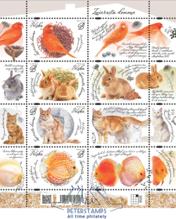 Poland 2026 Pets Cats Birds Rabbits Fishes Set of 4 stamps with labels in block MNH