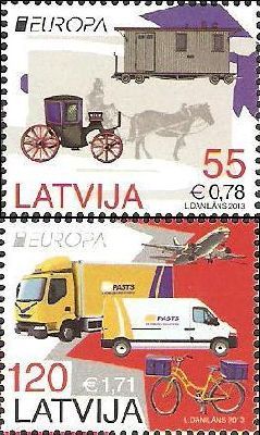 Latvia 2013 Europa CEPT Mail transport Trains Cars Airplane Carriages Set of 2 stamps