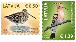 Latvia Lettland Lettonie 2014 Birds Hoopoe (Upupa epops) and Jack snipe (Lymnocryptes minimus) set of 2 stamps MNH