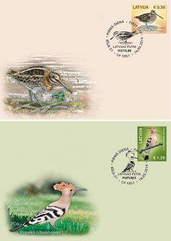 Latvia. Latvia. Birds. Hoopoe (Upupa epops) and Jack snipe (Lymnocryptes minimus). Set 2 FDC