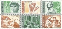 USSR Russia 1975 500th Birth Anniversary of Michelangelo Set of 2 strip, 3 stamps each