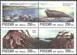 Russia 1995 Nature Endangered Animals Joint issue with Finland set of 4 stamps in block 2x2 MNH