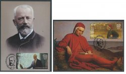 Kyrgyzstan. 750th anniversary of the birth of Dante Alighieri and 175th anniversary of the birth of Pyotr Tchaikovsky. Set of 2 maxicards
