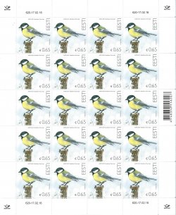 Estonia. The bird of the year 2016. Great tit (Parus major). Sheetlet of 20 stamps