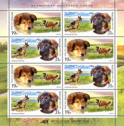 Russia. Service dog breed: Collie and German Shepherd. World Dog Show 2016 in Moscow. Sheet of 8 stamps