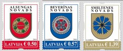 Latvia. Standard Edition. Coats of arms of Alsunga, Beverinskogo and Smiltene edges. Set of 3 stamps