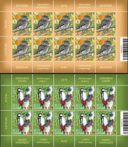 Latvia Lettland 2016 Birds: pygmy owl and the spotted woodpecker Set of 2 sheetlets 10 stamps MNH