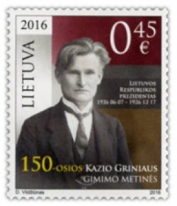Lithuania. Kazys Grinyus - Lithuanian politician, President of the Republic of Lithuania. 150 years since the birth. Stamp