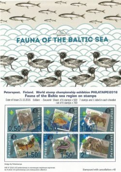 Peterspost. Finland. World stamp champoinship exhibition PHILATAIPEI2016. Fauna of the Baltic sea region on stamps. Stampcard with set of 6 stamps and First Day special cancellation