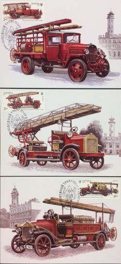 Ukraine 2016 History of fire transport in Ukraine. Set of 3 maxicards