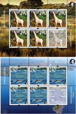 Russia 2020 Fauna Wild life "Memorable facts" White giraffe and Bottlenose dolphin Peterspost set of 2 sheetlets of 5 stamps and label each MNH