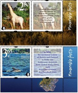 Finland 2020 Fauna Wild life "Memorable facts" White giraffe and Bottlenose dolphin Peterspost set of 2 stamps with labels MNH