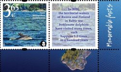 Finland. Peterspost. Fauna. Wild life. "Memorable facts", Bottlenose dolphin (Finnish gulf, Baltic sea), stamp with label