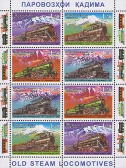 Tajikistan. 2011. Steam locomotives, sheetlet of 2 sets
