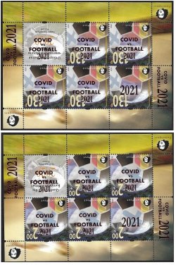 Russia and Finland 2021 Peterspost Qualifiers for the UEFA championship St.Petersburg Russia INVERT overprint COVID vs FOOTBALL set of 2 sheetlets of 5 stamps and label each