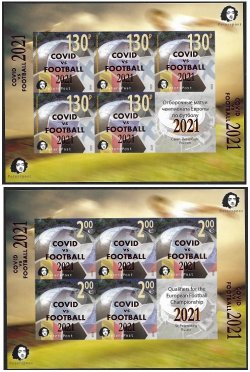 Russia and Finland 2021 Peterspost Qualifiers for the UEFA championship St.Petersburg Russia overprint COVID vs FOOTBALL set of 2 imperf sheetlets of 5 stamps and labels each